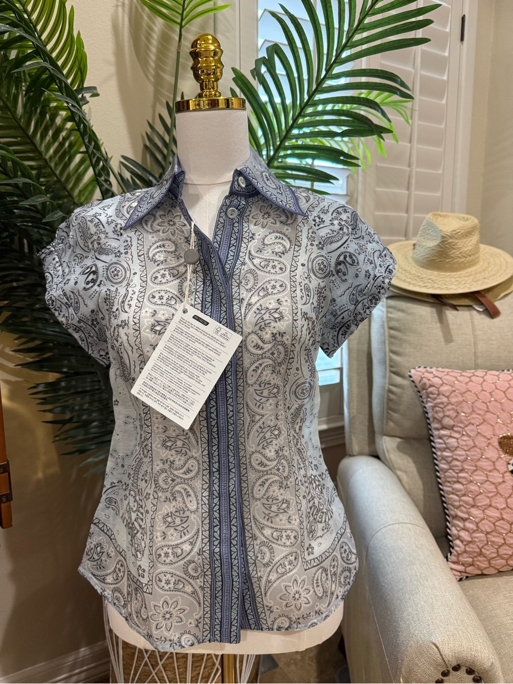 Zimmermann Blue Gray Paisley Blouse Size 0 NWT Silk Boho Top